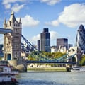 This image shows the iconic Tower Bridge spanning the River Thames in London, England.