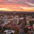 This aerial view shows downtown Palo Alto, California, at sunrise.