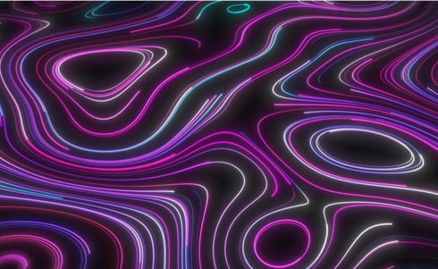 The image shows an abstract digital design featuring glowing pink, purple, and blue contour lines that resemble a futuristic topographic map.