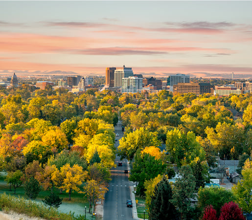 The image shows an aerial view of Boise, Idaho, highlighting its downtown skyline framed by vibrant autumn foliage in the surrounding neighborhoods.